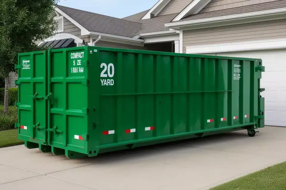 20-yard roll-off dumpster on a concrete home driveway